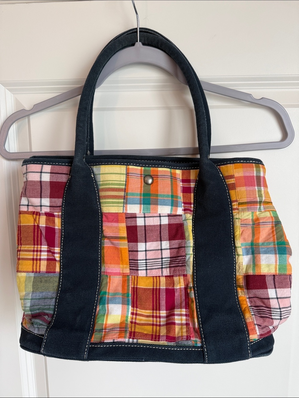 vintage J.Crew Madras Plaid Patchwork Tote Bag, classic preppy Y2K